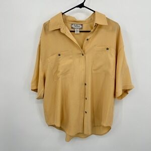 100% Silk Button Down Shirt L Yellow Lightweight Minimalist Coastal Layering